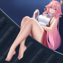 Rule 34 | 1girl, absurdres, animal ears, bare arms, bare legs, bare shoulders, barefoot, book, breasts, commentary, fox ears, genshin impact, highres, holding, holding book, large breasts, long hair, looking at viewer, night, night sky, outdoors, parted lips, pink hair, purple eyes, red skirt, shirt, shuaishousha, sitting, skirt, sky, sleeveless, sleeveless shirt, solo, thighs, very long hair, white shirt, yae miko