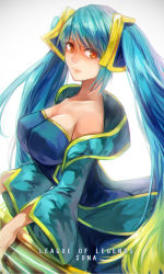 Rule 34 | 1girl, blonde hair, blue dress, blue hair, breasts, dress, from side, gradient hair, hair ornament, impossible clothes, instrument, large breasts, league of legends, light smile, long hair, looking at viewer, multicolored hair, off shoulder, orange eyes, senri (ho ru03 15), solo, sona (league of legends), twintails, very long hair, wide sleeves, yellow eyes