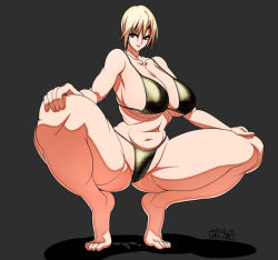 Rule 34 | 1girl, barefoot, bikini, blonde hair, breasts, huge breasts, noriheita, original, solo, squatting, swimsuit, thick thighs, thighs