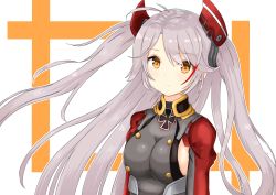 Rule 34 | 1girl, antenna hair, arms at sides, azur lane, breasts, commentary request, expressionless, hayashi maka, headgear, highres, long hair, looking at viewer, military, military uniform, parted bangs, prinz eugen (azur lane), purple hair, sideboob, standing, uniform, upper body, yellow eyes