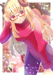 Rule 34 | 1girl, :o, arm up, blush, commentary request, curled horns, demon girl, demon horns, demon tail, glasses, heattech leotard, horns, indie virtual youtuber, kou hiyoyo, leotard, long sleeves, looking at viewer, pantyhose, parted lips, purple pantyhose, red-framed eyewear, red eyes, red leotard, ribbed leotard, solo, tail, turtleneck, virtual youtuber