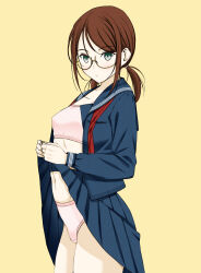 Rule 34 | 1girl, absurdres, blue sailor collar, blue shirt, blue skirt, bra, brown hair, closed mouth, clothes lift, cowboy shot, crotch seam, from side, glasses, green eyes, hair tie, highres, lifting own clothes, light frown, long sleeves, looking at viewer, low twintails, medium hair, moonsorrow, navel, neckerchief, open clothes, open shirt, original, panties, pink bra, pink panties, pleated skirt, red neckerchief, round eyewear, sailor collar, school uniform, serafuku, shirt, simple background, skirt, skirt lift, solo, standing, training bra, twintails, underwear, undone neckerchief, yellow background