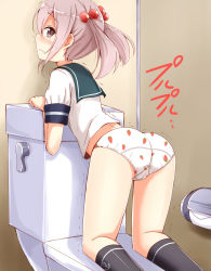 Rule 34 | 10s, 1girl, aikawa ryou, anchor print, ass, black socks, blush, brown eyes, commentary request, food print, from behind, hair bobbles, hair ornament, highres, kantai collection, kneehighs, kneeling, leaning forward, looking at viewer, looking back, no pants, panties, pink hair, print panties, sailor collar, sazanami (kancolle), school uniform, serafuku, short hair, socks, solo, strawberry panties, strawberry print, toilet, toilet paper, trembling, twintails, underwear, white panties