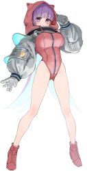 1girl :&lt; absurdres animal_ear_hood bb_(fate) bb_cosmo_(fate) blush breasts closed_mouth commentary_request fake_animal_ears fate/grand_order fate_(series) full_body gloves grey_gloves highleg highleg_leotard highres hood kopaka_(karda_nui) large_breasts legs_apart leotard long_sleeves looking_at_viewer pink_footwear pink_hood pink_leotard puffy_long_sleeves puffy_sleeves purple_eyes purple_hair simple_background solo standing thighs white_background