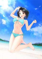 Rule 34 | 1girl, :d, aqua bikini, arm up, barefoot, beach, bikini, black hair, blue sky, blurry, blush, bouncing breasts, breasts, cloud, collarbone, day, depth of field, dripping, dutch angle, feet, feet up, front-tie bikini top, front-tie top, halterneck, hand up, highres, jumping, knees together feet apart, looking at viewer, medium breasts, motion blur, mountainous horizon, navel, nayuta69, ocean, open mouth, original, outdoors, parted bangs, shiny skin, side-tie bikini bottom, sky, smile, solo, swimsuit, underboob, water drop, wet, yellow eyes