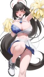 Rule 34 | 1girl, absurdres, armpits, black hair, blue archive, blunt bangs, blush, breasts, cheering, cheerleader, crop top, facial mark, hair ornament, hairclip, halo, highres, holding, holding pom poms, huge breasts, long hair, looking at viewer, midriff, millennium cheerleader outfit (blue archive), navel, open mouth, panties, panty peek, pom pom (cheerleading), pom poms, red eyes, rio (blue archive), rkin, shoes, skirt, sneakers, solo, star (symbol), star facial mark, star sticker, star tattoo, sticker on face, sweat, tattoo, text print, thighs, two-tone skirt, underwear, very long hair, white background, white skirt