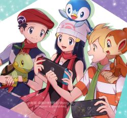 Rule 34 | 1girl, 2boys, absurdres, barry (pokemon), beanie, black shirt, blonde hair, bracelet, chimchar, clenched hand, commentary request, creatures (company), dawn (pokemon), fuyu (utngrtn), game freak, gen 4 pokemon, green scarf, handheld game console, hat, highres, holding, holding handheld game console, holding pokemon, jacket, jewelry, lucas (pokemon), multiple boys, nintendo, nintendo switch, on head, on shoulder, open mouth, orange eyes, pink skirt, piplup, pokemon, pokemon (creature), pokemon dppt, pokemon on head, pokemon on shoulder, red headwear, red scarf, scarf, shirt, short hair, short sleeves, skirt, sleeveless, sleeveless shirt, smile, starter pokemon trio, striped clothes, striped jacket, teeth, turtwig, upper teeth only, white headwear