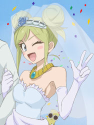 Rule 34 | 1girl, ;d, bare shoulders, blue background, blue eyes, blush stickers, bridal veil, bustier, dress, elbow gloves, gloves, green hair, haruyama kazunori, heybot!, jewelry, looking at viewer, necklace, one eye closed, open mouth, princess vitae, short hair, smile, solo focus, v, veil, wedding dress, white gloves