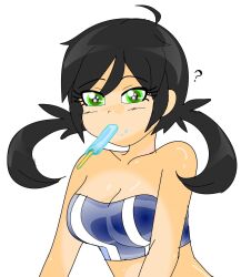 Rule 34 | ?, black hair, food, food in mouth, food on face, green eyes, highres, non-web source, popsicle, sweets, swimsuit, twintails