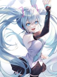 Rule 34 | 1girl, aqua hair, aqua necktie, arm up, bare shoulders, black skirt, black thighhighs, blouse, blue eyes, breasts, commentary request, detached sleeves, grey shirt, hatsune miku, hatsune miku (vocaloid4), highres, long hair, looking at viewer, medium breasts, necktie, off-shoulder shirt, off shoulder, open mouth, samo cha, shirt, skirt, sleeveless, sleeveless shirt, smile, solo, thighhighs, upper body, very long hair, vocaloid, white shirt, zettai ryouiki