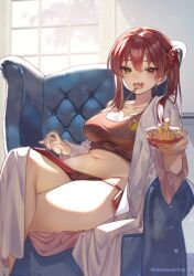 Rule 34 | 1girl, armchair, arrow through heart, blush, breasts, chair, collarbone, commentary request, fang, food, heterochromia, highres, hololive, houshou marine, indoors, large breasts, looking at viewer, medium hair, midriff, navel, open mouth, panties, phone, pocky, red eyes, red hair, robe, scrunchie, shuri (84k), side-tie panties, skin fang, smile, solo, tank top, thighs, twintails, twitter username, underwear, virtual youtuber, window, yellow eyes