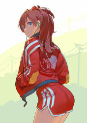 Rule 34 | 1girl, alternate costume, ass, bad id, bad pixiv id, blue eyes, closed mouth, commentary request, dolphin shorts, earphones, female focus, from behind, gym shorts, hands in pockets, jacket, long hair, looking back, neon genesis evangelion, outdoors, pink hair, red jacket, red shorts, short shorts, shorts, solo, souryuu asuka langley, thighs, timbougami, utility pole, wire