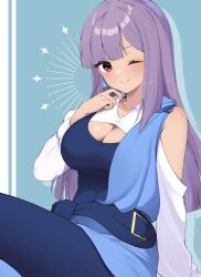 Rule 34 | 1girl, bare shoulders, blue background, blue tank top, breasts, campbell xx, cleavage, clothing cutout, earrings, gundam, gundam zz, highres, jewelry, long hair, looking at viewer, medium breasts, one eye closed, purple eyes, purple hair, roux louka, shoulder cutout, sitting, smile, solo, spandex, tank top