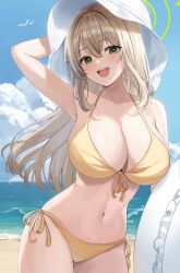 Rule 34 | 1girl, :d, absurdres, arm behind head, arm up, armpits, bare arms, bare shoulders, beach, bikini, blonde hair, blue archive, breasts, cleavage, collarbone, cowboy shot, front-tie bikini top, front-tie top, green eyes, halo, halterneck, hat, highres, innertube, large breasts, long hair, looking at viewer, nannung, navel, nonomi (blue archive), nonomi (swimsuit) (blue archive), official alternate costume, open mouth, side-tie bikini bottom, smile, solo, standing, stomach, string bikini, sun hat, swim ring, swimsuit, white hat, yellow bikini