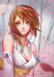 Rule 34 | 00s, 1girl, artist name, bare shoulders, beads, blue eyes, blurry, braid, breasts, brown hair, chromatic aberration, cleavage, collarbone, depth of field, detached sleeves, final fantasy, final fantasy x, gradient background, green eyes, heterochromia, japanese clothes, large breasts, looking at viewer, neck, obi, petals, ribbon-trimmed sleeves, ribbon trim, sash, short hair, smile, solo, songjikyo, upper body, watermark, web address, yuna, yuna (ff10)