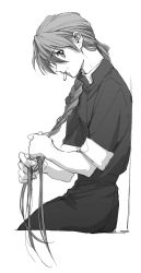 Rule 34 | 1boy, braid, braided ponytail, braiding hair, cowboy shot, duo maxwell, greyscale, gundam, gundam wing, hair tie, hairdressing, highres, looking at viewer, male focus, monochrome, mouth hold, oliolio, simple background, single braid, sitting, solo, white background