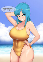 Rule 34 | 1girl, beach, blue eyes, blue hair, blush, breasts, cameltoe, cleavage, cleft of venus, clenched teeth, cloud, covered navel, cowboy shot, day, donaora889, dragon ball, dragonball z, english text, female focus, groin, highres, large breasts, legs, long hair, looking at viewer, maron (dragon ball), ocean, one-piece swimsuit, outdoors, sky, smile, solo, speech bubble, standing, swimsuit, teeth, thighs, water, yellow one-piece swimsuit