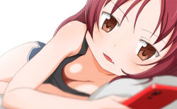 Rule 34 | 10s, 1girl, blurry, blurry foreground, blush, breasts, brown eyes, cleavage, downblouse, fang, fang out, holding, holding phone, long hair, looking at viewer, lying, mahou shoujo madoka magica, mahou shoujo madoka magica (anime), medium breasts, on side, parted lips, phone, red hair, sakura kyoko, sat-c, shorts, simple background, solo, white background