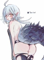 Rule 34 | 1girl, ahoge, arknights, ass, bare back, black panties, black thighhighs, blush, character name, cowboy shot, crocodilian tail, flower, from behind, grey hair, hair flower, hair ornament, long hair, looking at viewer, looking back, morita (pixiv31883607), panties, parted lips, pointy ears, solo, tail, thighhighs, thighs, tomimi (arknights), torn clothes, torn panties, torn thighhighs, underwear, white flower, yellow eyes