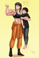 Rule 34 | 1boy, 1girl, 2020, abs, artist name, bare shoulders, biceps, black hair, black tank top, boots, breasts, carrying, carrying under arm, cleavage, collarbone, dated, en&#039;en no shouboutai, english text, fire, flexing, full body, height difference, highres, jumpsuit, jumpsuit around waist, large breasts, long hair, maki oze, muscular, muscular female, pegius, ponytail, purple eyes, sharp teeth, shinra kusakabe, sidelocks, signature, simple background, standing, tank top, teeth, veins, witch, yellow background
