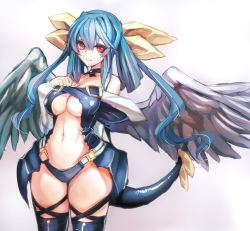 Rule 34 | 1girl, arc system works, asymmetrical wings, bare shoulders, blue hair, breasts, choker, cleavage, dizzy (guilty gear), guilty gear, guilty gear x, guilty gear xx, highres, large breasts, long hair, navel, panties, red eyes, ribbon, smile, solo, tail, tail ornament, tail ribbon, taishi (artist), taishi (picchiridou), thigh strap, thighhighs, twintails, underboob, underwear, wings