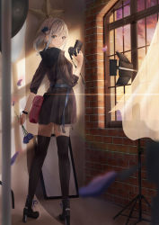 Rule 34 | 1girl, bag, black footwear, black skirt, brick wall, camera, commentary, curtains, english commentary, evening, fashion, flower, full body, grey hair, hair flower, hair ornament, handbag, high heels, highres, holding, holding flower, indoors, jewelry, ko tachi1104, looking at viewer, looking back, medium hair, original, petals, ring, shoes, side ponytail, skirt, sneakers, solo, thighhighs, window, wristband