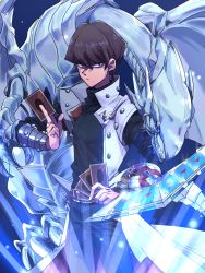 Rule 34 | 1boy, belt, belt buckle, blue-eyes white dragon, blue background, blue eyes, blue theme, brown belt, brown hair, buckle, card, claws, closed mouth, coat, dragon, duel disk, duel monster, fingernails, hair between eyes, highres, holding, holding card, kaiba seto, light particles, light rays, male focus, monster, parted lips, sharp teeth, sinxabu, sparkle, standing, teeth, turtleneck, white coat, yu-gi-oh!, yu-gi-oh! duel monsters
