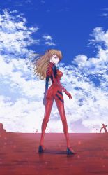 Rule 34 | 1girl, absurdres, ass, blue eyes, blue sky, bodysuit, breasts, brown hair, day, dryegen, eyepatch, from behind, full body, highres, long hair, looking at viewer, looking back, multicolored bodysuit, multicolored clothes, neon genesis evangelion, orange hair, outdoors, plugsuit, rebuild of evangelion, red bodysuit, shiny clothes, skin tight, sky, solo, souryuu asuka langley, standing, very long hair, wide hips
