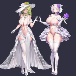 Rule 34 | 2girls, areola slip, arm strap, armband, blue eyes, blush, bouquet, bra, breasts, bridal veil, cleavage, collar, covered erect nipples, detached collar, dress, drill hair, erato (last origin), flower, frilled armband, frilled skirt, frills, gloves, green flower, green hair, green rose, hair over one eye, hat, hat flower, heart, heart hands, high heels, highres, holding, holding bouquet, huge breasts, jewelry, kirome (kamipaper), lace, lace-trimmed legwear, lace trim, large breasts, last origin, long skirt, looking at viewer, medium hair, multiple girls, muse (last origin), navel, neck flower, necklace, official alternate costume, one eye covered, open mouth, panties, pelvic curtain, plump, ponytail, purple eyes, purple flower, revealing clothes, ribbon, rose, see-through, showgirl skirt, simple background, skindentation, skirt, smile, sun hat, thick thighs, thighhighs, thighs, thong, twin drills, underwear, veil, wedding, wedding dress, white collar, white footwear, white gloves, white hair, white headwear, white panties, white ribbon, white skirt, white thighhighs, wing collar, yellow flower, yellow rose