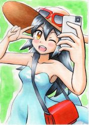 Rule 34 | 1girl, ;d, bag, bare arms, black hair, blue dress, blush, brown eyes, brown hat, cellphone, collarbone, commentary request, creatures (company), dress, eyewear on headwear, game freak, green background, hair between eyes, hands up, hat, highres, holding, holding phone, long hair, nintendo, oka mochi, one eye closed, open mouth, phone, pokemon, pokemon sm, red-framed eyewear, red bag, selfie, shoulder bag, sightseer (pokemon), smile, solo, strapless, strapless dress, sunglasses, teeth, tongue, traditional media, upper teeth only, v
