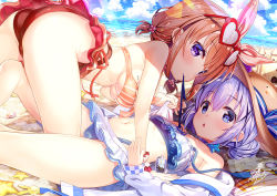 Rule 34 | 2girls, :o, all fours, beach, bikini, blue eyes, blue hair, blush, bow, bra, breasts, clam shell, clothes pull, cloud, collar, commentary request, cross hair ornament, day, eyewear on head, flat chest, fujima takuya, gochuumon wa usagi desu ka?, hair bobbles, hair bow, hair ornament, hat, heart, heart-shaped eyewear, hoto cocoa, kafuu chino, large breasts, lens flare, long hair, looking at viewer, low twintails, lying, mouth hold, multiple girls, navel, ocean, on back, orange hair, outdoors, panties, purple eyes, sand, sand castle, sand sculpture, seashell, shell, short hair, sky, smile, starfish, sunlight, swimsuit, twintails, underwear, yuri