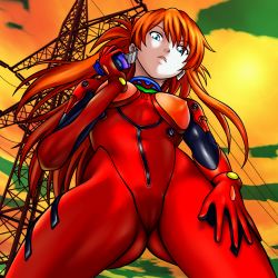 Rule 34 | 1girl, ass, blue eyes, boxcutter, breasts, cameltoe, covered erect nipples, curvy, foreshortening, holding, holding knife, holding weapon, interface headset, knife, legs apart, lips, long hair, looking at viewer, looking down, neon genesis evangelion, nike (0306), orange hair, plugsuit, shiny clothes, shiny skin, skin tight, sky, small breasts, solo, souryuu asuka langley, two side up, weapon, wide hips