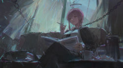 Rule 34 | 1girl, bench, black jacket, black necktie, black pants, black suit, braid, braided ponytail, breaking, broken glass, chain, chainsaw man, ciloranko, cup, formal, glass, halo, highres, holding, holding newspaper, holding pen, jacket, makima (chainsaw man), necktie, newspaper, open mouth, pants, paper, paperwork, pen, plant, red hair, shirt, sidelocks, sitting, solo, suit, table, teacup, teapot, white shirt, window, yellow eyes