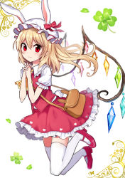 Rule 34 | 1girl, absurdres, alternate headwear, animal ears, bad id, bad pixiv id, bag, blonde hair, blush, clover, crystal, fake animal ears, flandre scarlet, four-leaf clover, full body, hat, highres, interlocked fingers, long hair, looking at viewer, mary janes, mob cap, puffy sleeves, rabbit ears, rabbit tail, red eyes, shirt, shoes, short sleeves, shoulder bag, side ponytail, skirt, skirt set, smile, solo, tail, thighhighs, touhou, vest, white background, white thighhighs, wings, yada (xxxadaman), zettai ryouiki