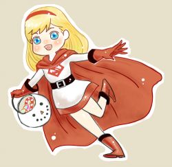 Rule 34 | 1girl, belt, blonde hair, blue eyes, boots, candy, candy cane, cape, christmas, dc comics, dress, food, gloves, hairband, kryptonian, lowres, outstretched arms, red cape, red footwear, red gloves, running, s shield, shoes, smile, solo, spread arms, supergirl, superman (series)
