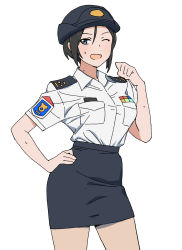 Rule 34 | 1girl, black eyes, black hair, blue headwear, breasts, chouno ami, cowboy shot, female service cap, girls und panzer, hand on own hip, highres, looking at viewer, medium breasts, one eye closed, onsen tamago (hs egg), pantyhose, pencil skirt, police, police uniform, shirt, shirt tucked in, short hair, short sleeves, simple background, skirt, solo, sweat, uniform, white background, white shirt