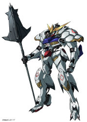 Rule 34 | artist name, blue eyes, clenched hand, dated, glowing, glowing eye, gundam, gundam barbatos, gundam tekketsu no orphans, highres, holding, holding weapon, kadej, mecha, no humans, redesign, robot, science fiction, solo, standing, v-fin, weapon, white background