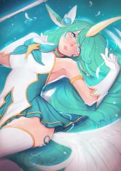 Rule 34 | 1girl, alternate costume, alternate eye color, alternate hair color, aqua theme, armlet, blue eyes, character name, feathers, gloves, green hair, green skirt, hair ornament, highres, horns, league of legends, looking at viewer, lying, on back, parted lips, single horn, skirt, solo, soraka (league of legends), staff, star guardian (league of legends), star guardian soraka, water, white gloves, white legwear