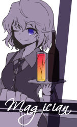 Rule 34 | 1girl, bottle, closed mouth, collared shirt, commentary request, denciu, holding, holding tray, long sleeves, maribel hearn, medium hair, no headwear, one eye closed, purple eyes, shirt, smile, solo, touhou, tray, upper body, vest