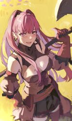 Rule 34 | 1girl, :d, axe, battle axe, bikini boody, black skirt, bodice, breasts, cleavage cutout, clothing cutout, commentary, detached sleeves, earrings, english commentary, fire emblem, fire emblem: three houses, gloves, highres, hilda valentine goneril, holding, holding axe, jewelry, large breasts, long hair, long sleeves, looking at viewer, nintendo, open mouth, pink eyes, pink hair, red gloves, simple background, skirt, smile, solo, twintails, waist cape, weapon, yellow background