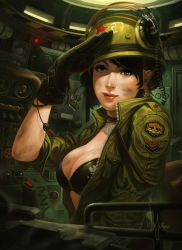 Rule 34 | 1girl, black gloves, black hair, breasts, brown eyes, cockpit, dirty, gloves, headset, jacket, large breasts, lipstick, makeup, military, military vehicle, motor vehicle, open clothes, open jacket, original, realistic, russian text, salute, short hair, solo, tank, uniform, unzipped, vehicle, wen juinn
