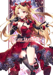 Rule 34 | 1girl, :d, black footwear, black thighhighs, blonde hair, bow, breasts, detached sleeves, dress, earrings, ereshkigal (fate), facing viewer, fang, fate/grand order, fate (series), flower, gabiran, hair ribbon, holding, holding microphone, jewelry, leg up, long hair, long sleeves, looking at viewer, microphone, neck garter, open mouth, parted bangs, petals, red dress, red eyes, red flower, red ribbon, red rose, ribbon, rose, single thighhigh, skin fang, skull, smile, solo, thighhighs, two side up, very long hair, watermark, white background