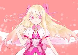 Rule 34 | 1girl, bad id, bad twitter id, blonde hair, chaos marie (grimms notes), character name, cleavage cutout, clothing cutout, copyright name, dress, frills, grimms notes, hair ribbon, hair spread out, heart, heart-shaped pupils, highres, jewelry, large wings, long hair, pendant, pink background, puffy short sleeves, puffy sleeves, ribbon, short sleeves, smile, solo, symbol-shaped pupils, t4mag0 r, upper body, wings