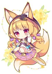 Rule 34 | 1girl, :o, animal ear fluff, animal ears, black cape, black footwear, black headwear, blonde hair, blush, cape, chibi, commentary request, dress, ears through headwear, floral background, flower, flower knight girl, fox ears, fox girl, fox tail, full body, hairband, hat, hood, hood up, hooded cape, kitsune no botan (flower knight girl), knees together feet apart, long hair, long sleeves, looking at viewer, low twintails, mini hat, mini top hat, name connection, object namesake, parted lips, paw shoes, red eyes, ryuuka sane, shoe soles, shoes, solo, tail, tilted headwear, top hat, twintails, white dress, yellow cape, yellow flower, yellow hairband