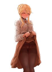 Rule 34 | 10s, 1girl, blonde hair, blouse, braid, brown pantyhose, clarice (idolmaster), clothes lift, embarrassed, closed eyes, hair between eyes, highres, idolmaster, idolmaster cinderella girls, lifted by self, long hair, panties, panties under pantyhose, pantyhose, shirt, simple background, skirt, skirt lift, solo, standing, thigh gap, thighband pantyhose, tobatoinu, underwear, white background, white shirt