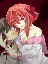 Rule 34 | 1boy, 1girl, blindfold, blood, blood splatter, breasts, brown hair, cleavage, collarbone, hand on another&#039;s head, holding, holding knife, kitchen knife, knife, long sleeves, looking at viewer, medium breasts, mix ore, nagisa ichigaulait, off shoulder, parted lips, pink hair, pinky out, red eyes, sailor collar, shirt, string, string of fate, white shirt, yandere, yukino (yukinosora1126)