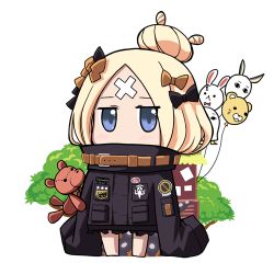 Rule 34 | 1girl, abigail williams (fate), abigail williams (traveling outfit) (fate), balloon, black bow, black jacket, blonde hair, blue eyes, bow, chibi, commentary request, covered mouth, crossed bandaids, fate/grand order, fate (series), fou (fate), full body, hair bow, hair bun, heroic spirit traveling outfit, jacket, long hair, long sleeves, looking at viewer, lowres, medjed (fate), multiple hair bows, nisekaa-kun, official alternate costume, orange bow, parted bangs, single hair bun, sleeves past fingers, sleeves past wrists, solo, standing, stuffed animal, stuffed toy, teddy bear, tree, white background