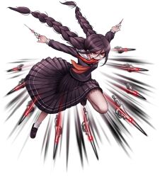 1girl black_hair black_skirt braid danganronpa:_trigger_happy_havoc danganronpa_(series) fukawa_toko genocider_shou glasses holding holding_scissors long_hair long_sleeves long_tongue neckerchief official_art pleated_skirt red_eyes red_neckerchief rimless_eyewear round_eyewear sailor_collar scissors shoes skirt socks throwing tongue tongue_out transparent_background twin_braids twintails white_sailor_collar