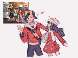 Rule 34 | 1boy, 1girl, black hair, blue hair, commentary, constarlations, couple, creatures (company), dawn (pokemon), ethan (pokemon), game freak, heart, highres, hood, hoodie, jacket, nintendo, photo-referenced, pink jacket, pokemon, pokemon dppt, pokemon hgss, pokemon platinum, poking, red jacket, reference inset