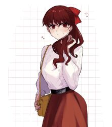 Rule 34 | 1girl, 710 ao, aran sweater, bag, belt, belt buckle, black belt, blush, buckle, cable knit, commentary, flying sweatdrops, hair ribbon, handbag, highres, long hair, long sleeves, looking at viewer, persona, persona 5, persona 5 the royal, ponytail, red eyes, red hair, red ribbon, red skirt, ribbon, simple background, skirt, solo, sweatdrop, sweater, symbol-only commentary, white background, white sweater, yellow bag, yoshizawa kasumi